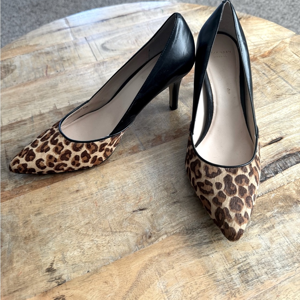 COLE HAAN Grand OS Womens 8.5 B Black Calf Hair High Heels Leopard Print